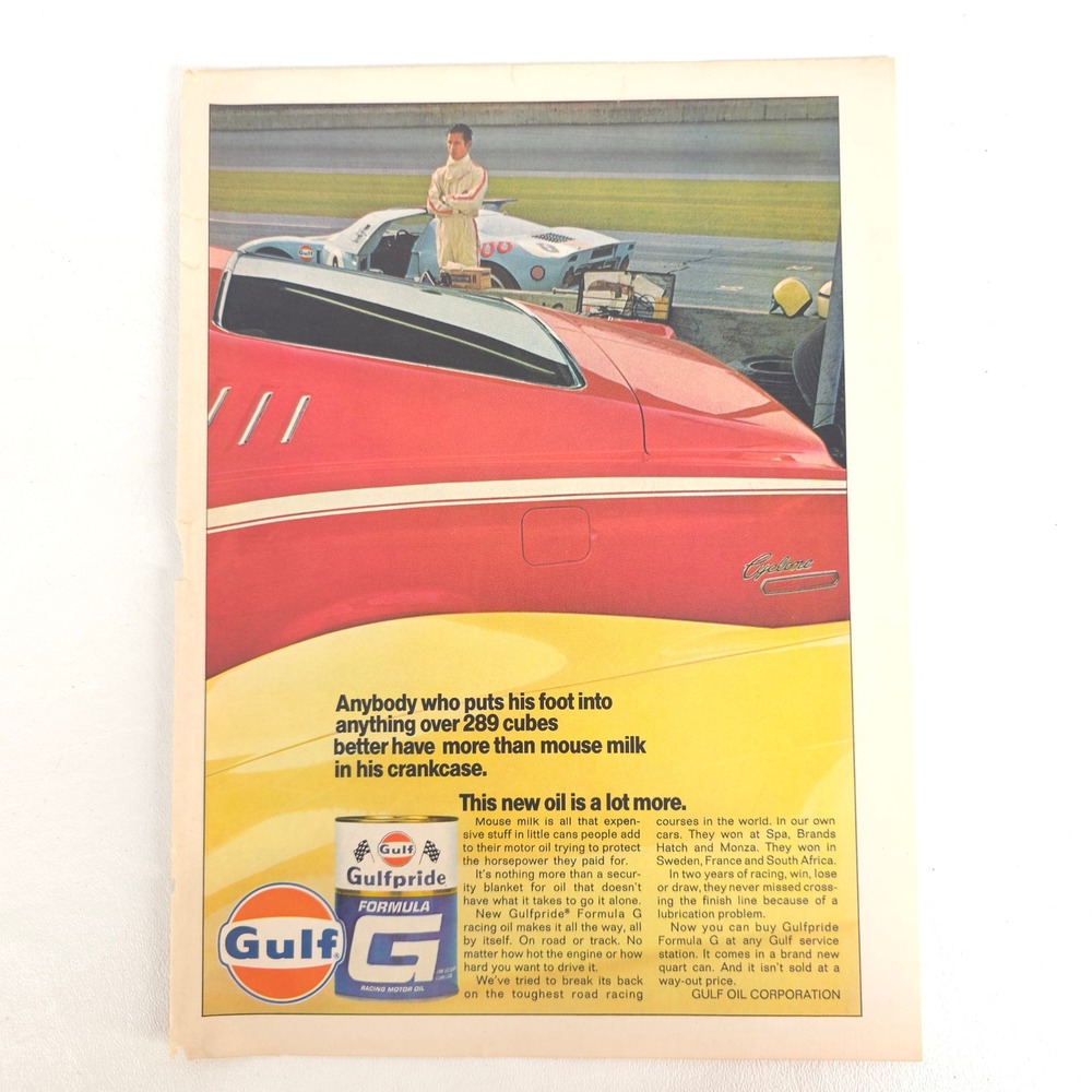 Vintage Gulf Oil Ford GT90 Cyclone Print Ad Racing Advertising Garage Wall Decor
